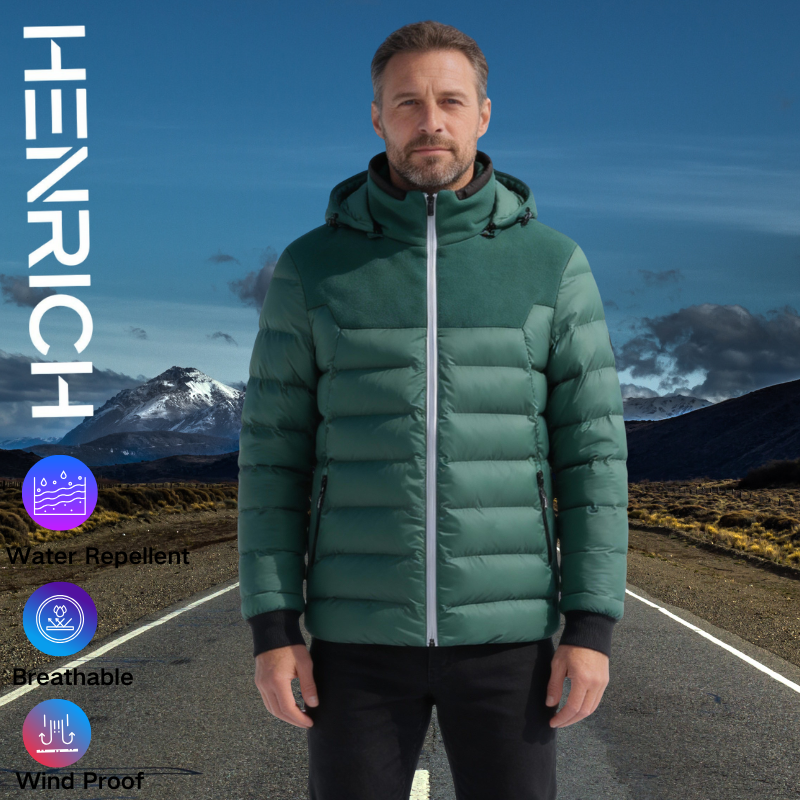 Men's Forest Green Paneled  Jacket - Hooded Insulated Winter Puffer Coat 