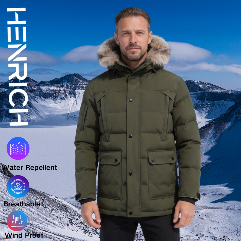 Men's Olive Green Parka Jacket - Faux Fur Hooded Down Insulated Winter Coat