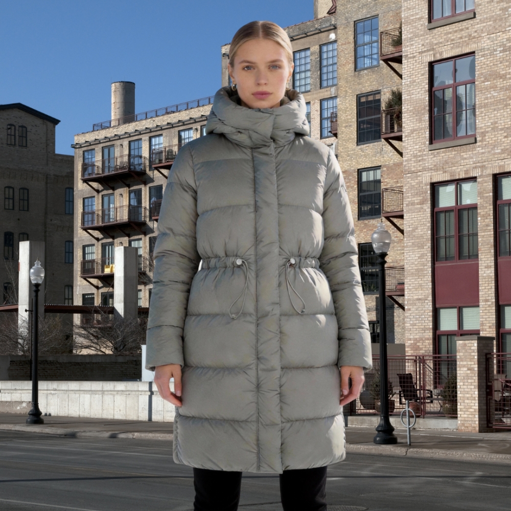 Women's Taupe Knee-Length Puffer Coat