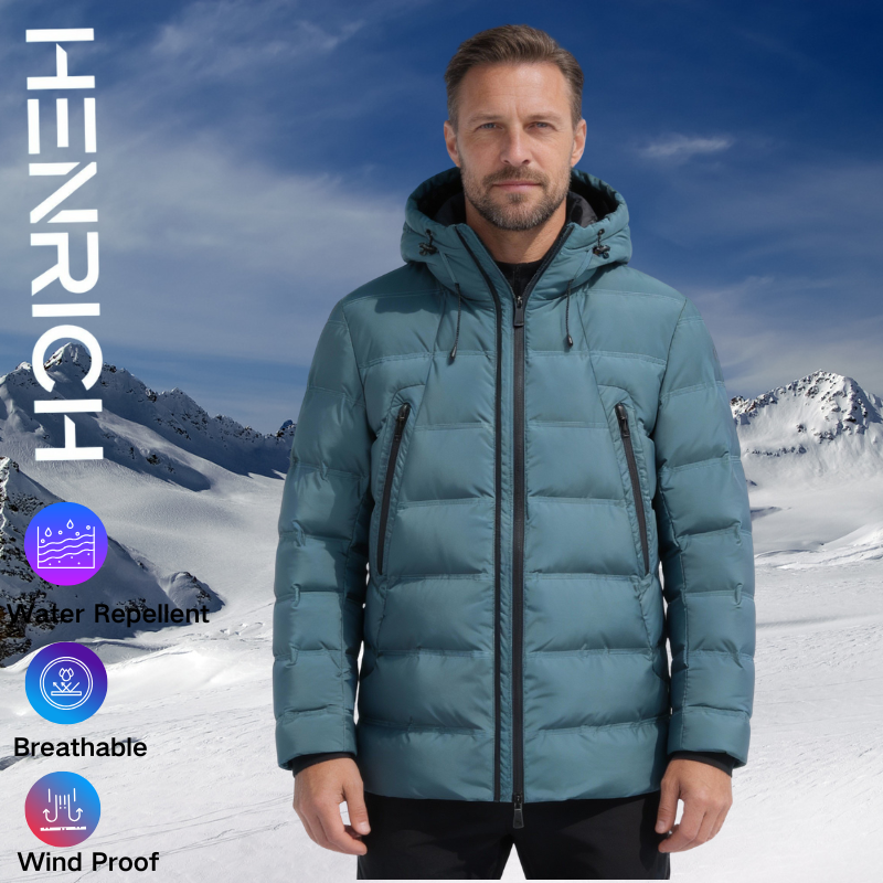 Men's Teal Hooded Down Jacket - Mid-Length Insulated Winter Waterproof Puffer Coat